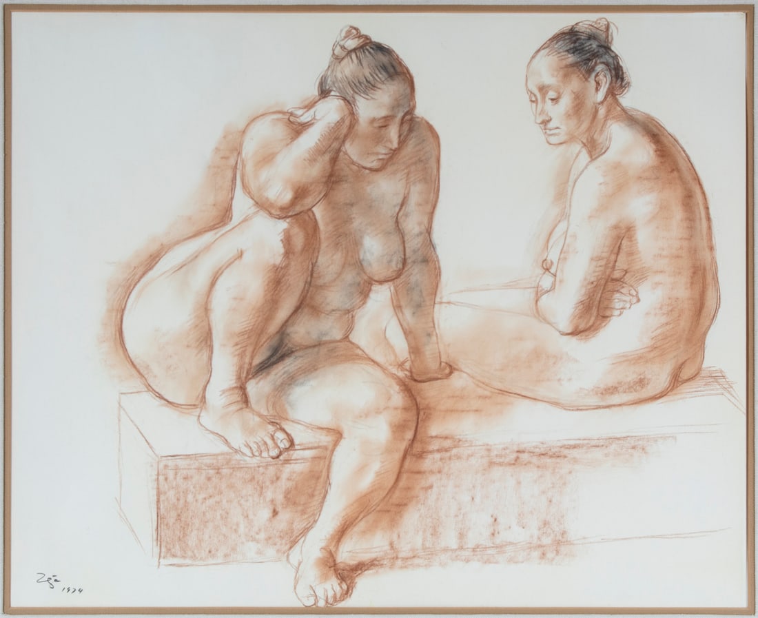 Francisco Zuniga (1912-1998) Costa Rican: DESNUDOS SENTADOS (Foundacion Zuniga # 2123), 1974, sanguine and black pastel on paper, signed and dated lower left, sheet 19 ¾ x 25 ½” with partial drawing on verso, frame 27 &fra
