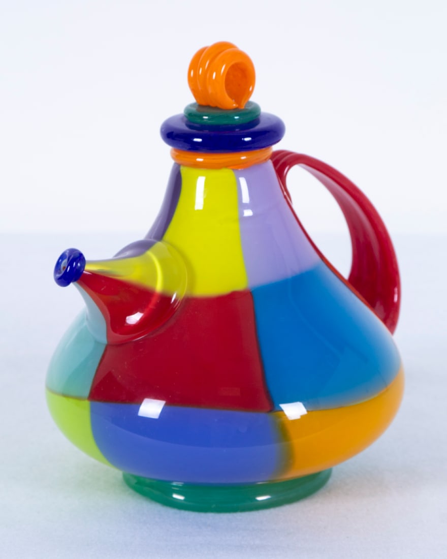 Harry Stuart RPM Art Glass Studio: Multicolored blown glass teapot, signed underneath, 9” tall, 8” wide. Provenance: Del Mano Gallery, May 2001.