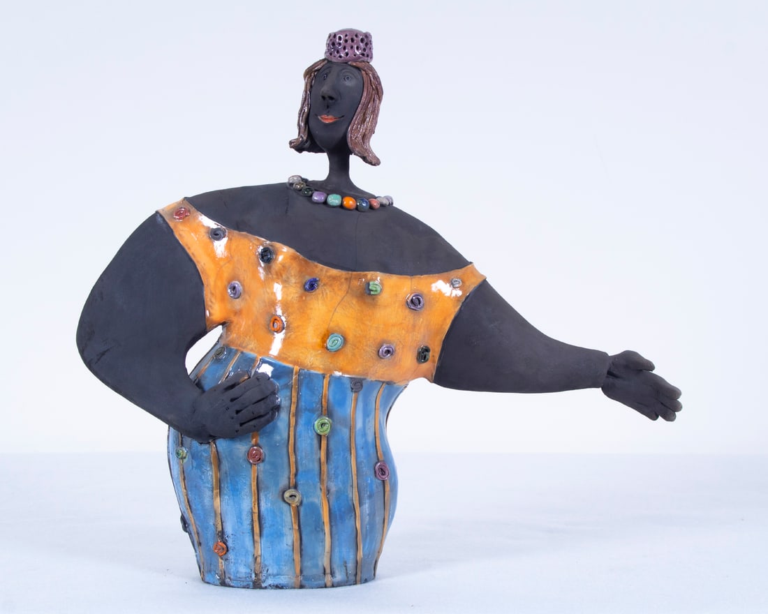 Lidija Tkalcevic (20 th Century) Croatian: Woman dancing, tango I, painted and crackled glazed porcelain teapot elaborated with polished stones, a signature not found, 13 ¼” tall, 15 ¾” wide. Acquired from/ Provenance