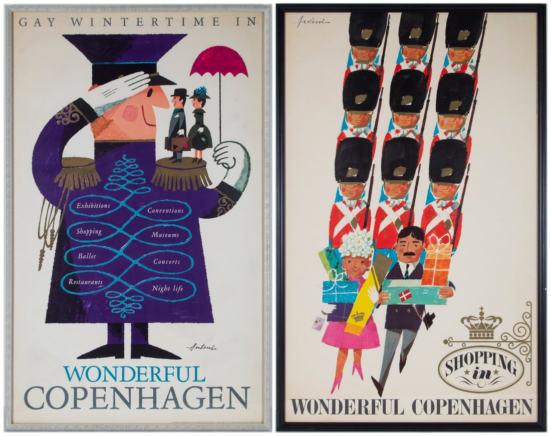Ib Antoni (1929-1973) Denmark (two): WONDERFUL COPENHAGEN, 1963 & 1966, pair of color travel posters, both signed in the design, each 40 ½ x 25 ½” including frames with plexiglass. (2)