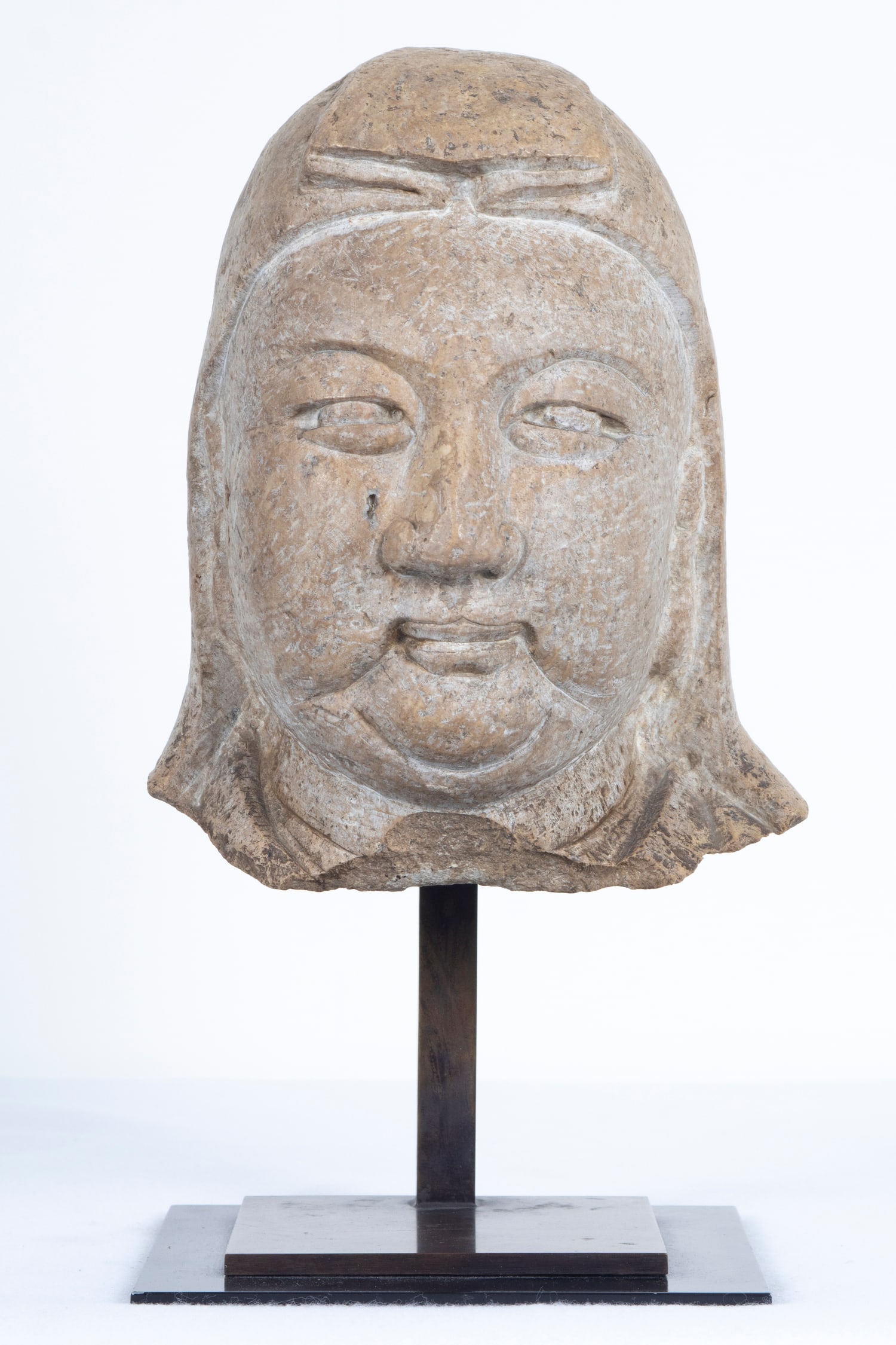 Chinese Ming Dynasty Marble (1368-1644): MARBLE HEAD OF A DIGNITARY, carved marble, 10 ½” tall, 8” wide, 14 ½” tall with metal stand, 24 lbs. Provenance: Carl Schlosberg Fine Arts, Sherman Oaks, CA. Paid $9500