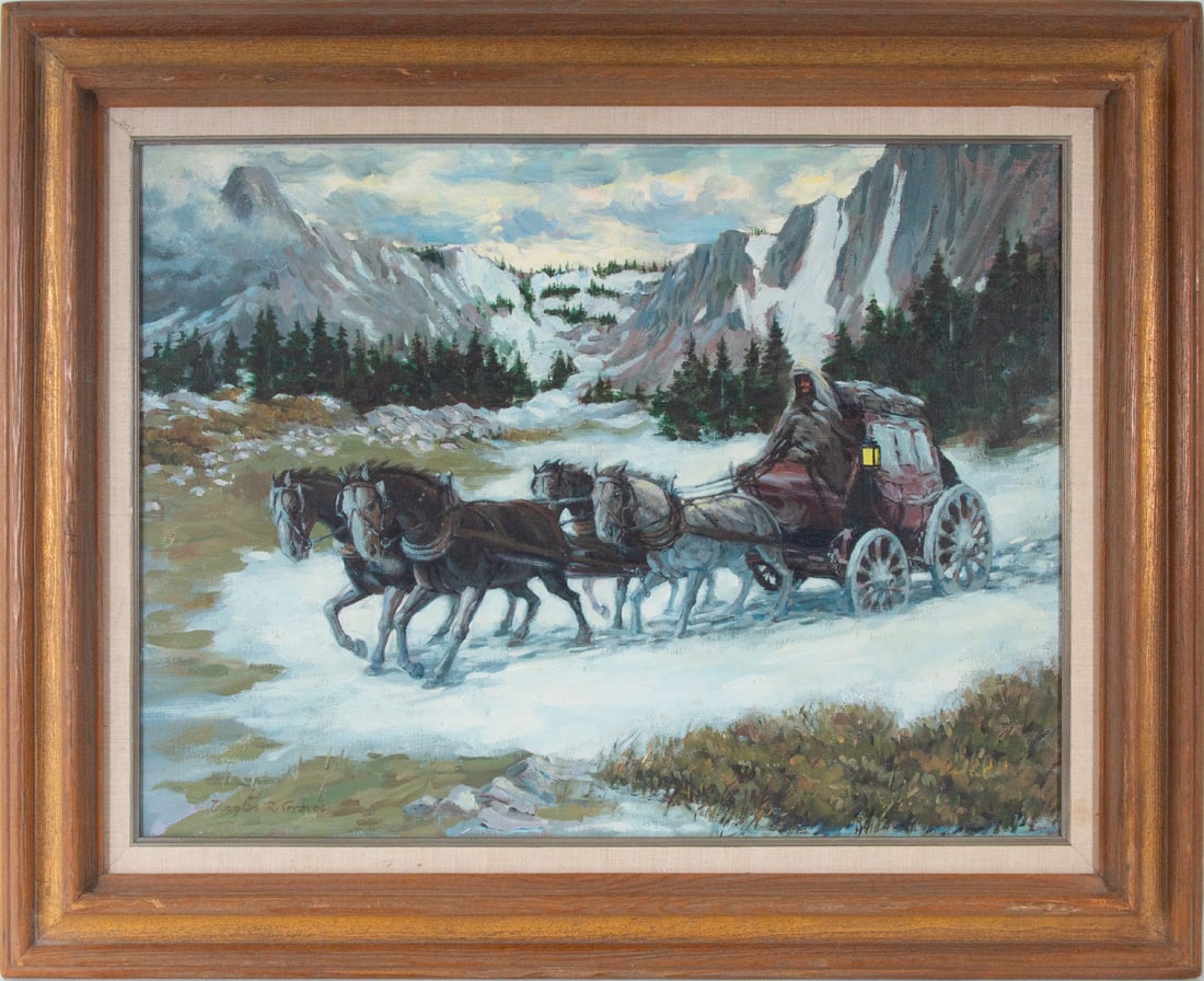 Douglas Graves (20 th Century) California: STAGECOACH ON WINTER RIDE, 1981, oil painting on canvas, signed lower left, signed and dated on verso, 18 x 24”, frame 25 ¼ x 31 ¼”.
