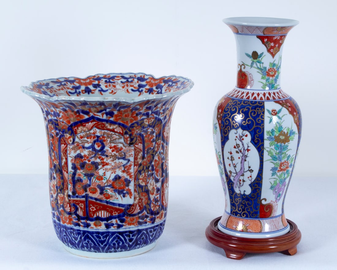 Japanese Imari Porcelain (19 th & 20 th Century) (two): A 19 th Century painted and glazed porcelain vase with scalloped body and rim, 12 ½” tall, 13” diameter; A 20 th Century painted and glazed porcelain vase with flared rim, hallmark 