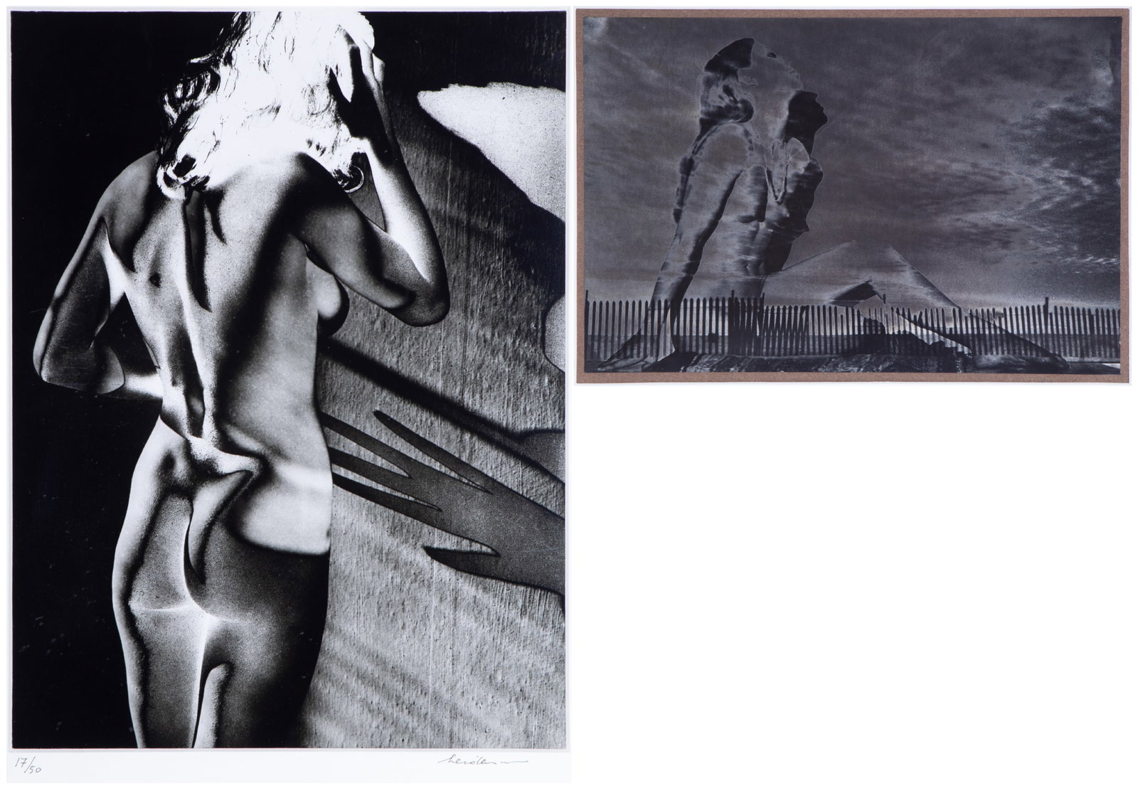 Photographer Unidentified (20th Century) (two): STANDING NUDE, double-exposed toned gelatin silver print, signed and numbered 17/50 in pencil on mat, sight 15 x 11”, frame 24 ¼ x 20 ¼” with plexiglass. WOMAN AT THE BEACH,