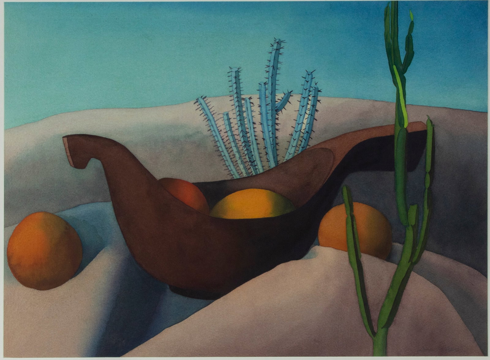 Lori Slater (20 th / 21 st Century) California: ORANGES AND EUPHORBIAS, watercolor on paper, signed lower left and titled in pencil, 27 ¼ x 16 ¼”, frame 24 ¼ x 30 ¼” with glass.