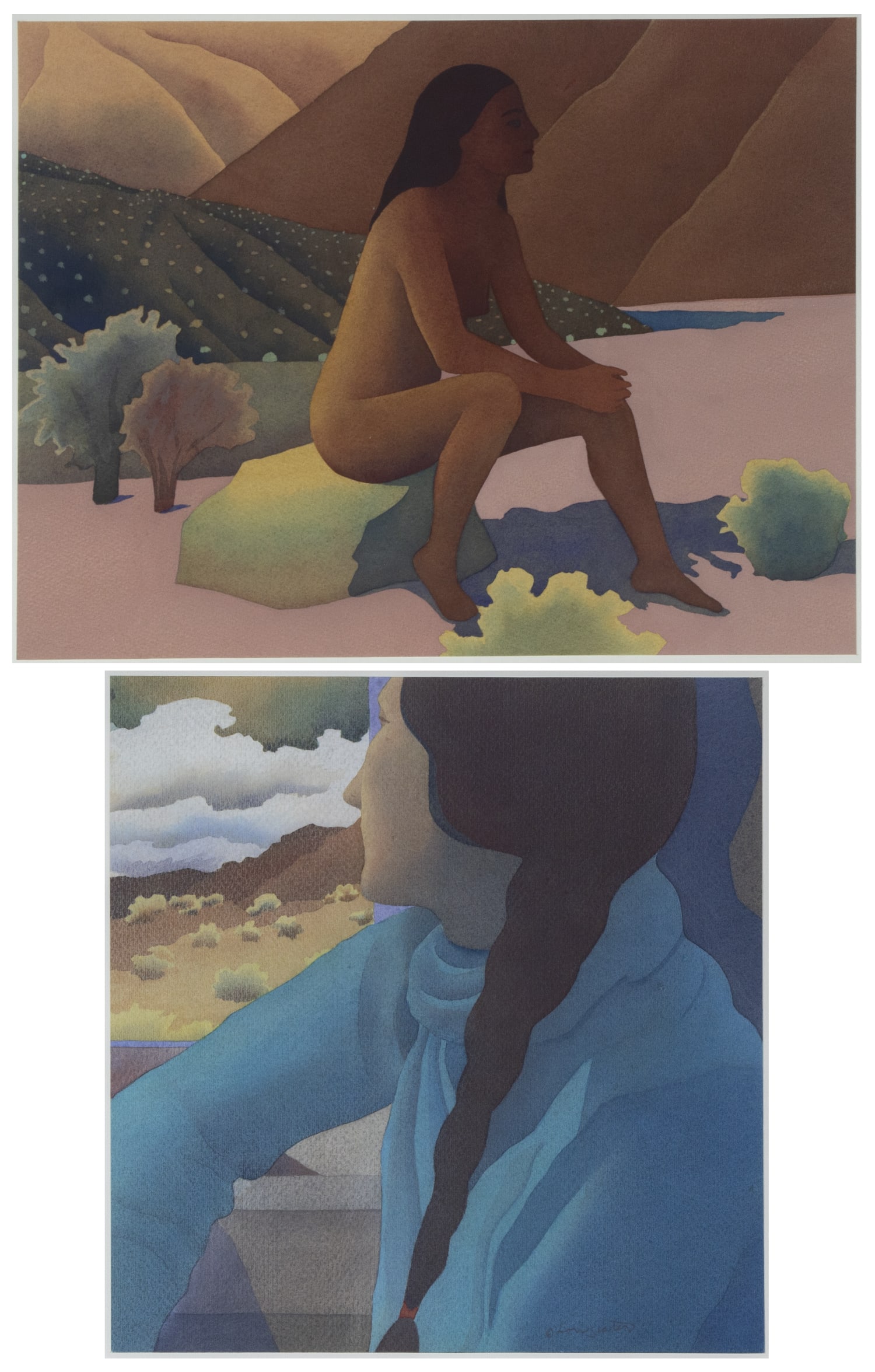 Lori Slater (20 th / 21 st Century) California (two): DESERT KNOWER; DESERT VIEW, two watercolors on paper, both signed in pencil lower right, both titled in pencil, 13 x 12 ½” & 12 ½ x 16 ¼””, frames 20 ¼ x 