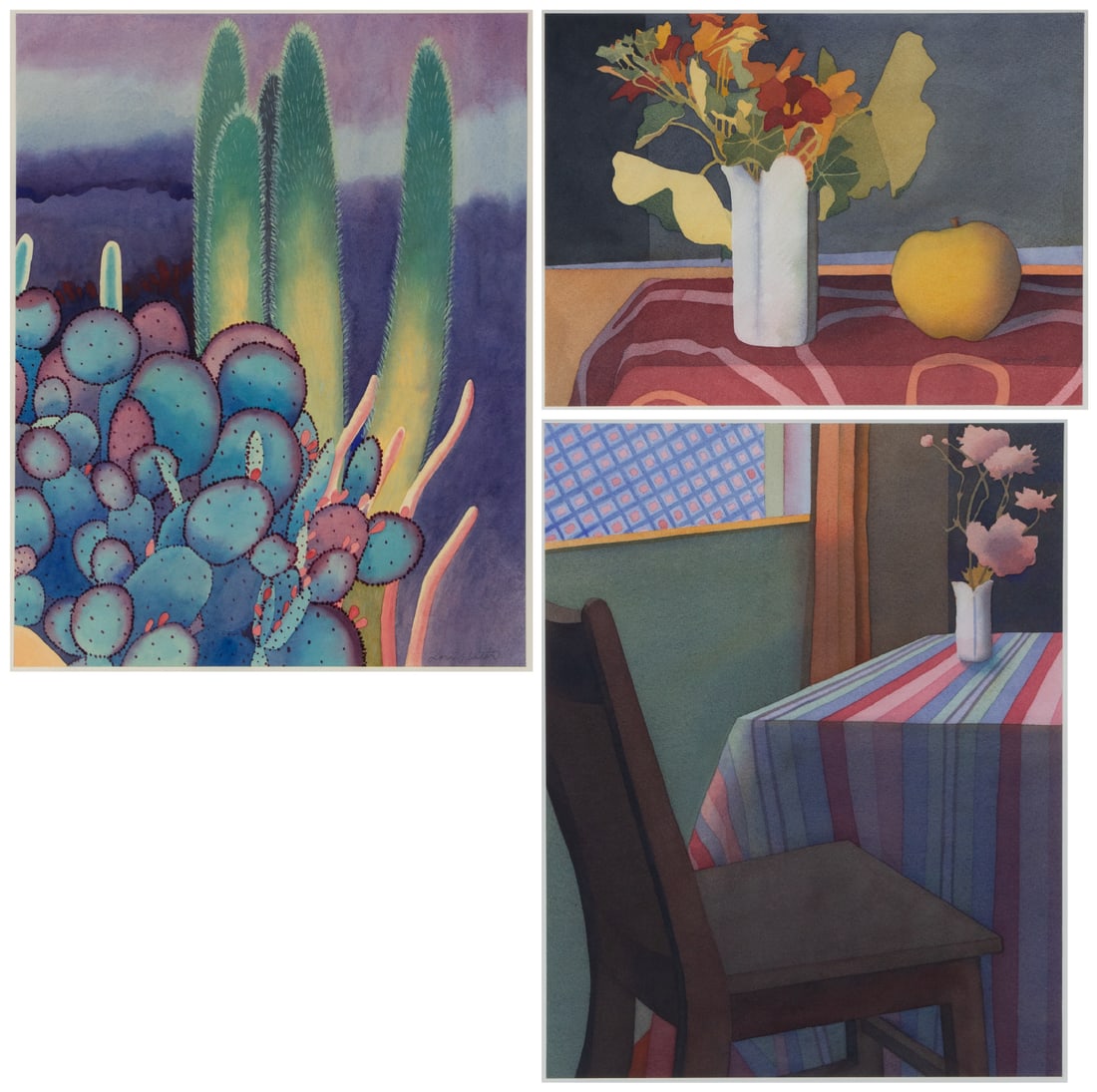 Lori Slater (20 th / 21 st Century) California (three): SUCCULENT LAYERS; NASTURTIUMS; FLEMISH INTERIORS, three watercolors on paper, the first two signed and all three titled in pencil, 16 x 12 ½”, 9 ¼ x 12 ¾” & 16 ½