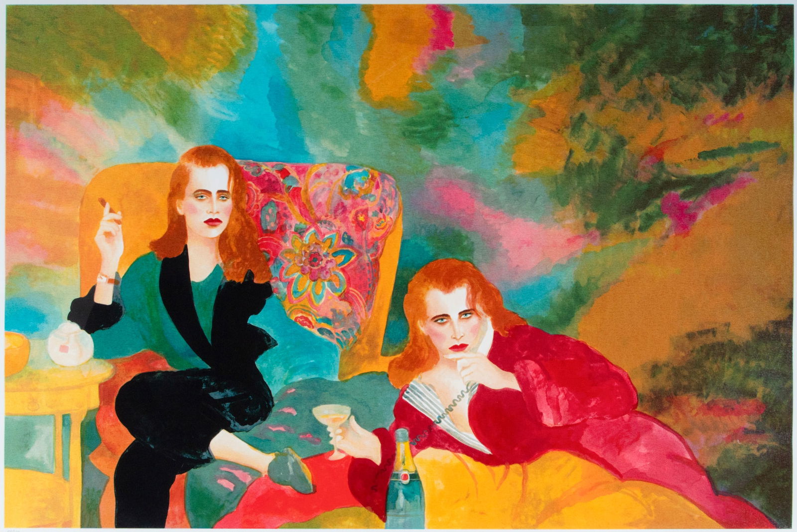 Joanna Zjawinska (b. 1950) American Polish: TWO WOMEN, color lithograph, signed and numbered 88/275 in pencil, image 23 ¾ x 36”, full margins, frame 40 ¼ x 51 ¾” with plexiglass.