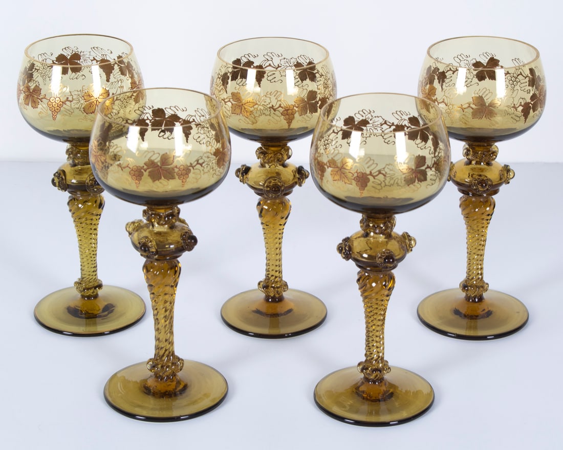 German antique wine glasses (five): Five Fritz Hecker style amber green wine glasses, each 7” tall. (5)