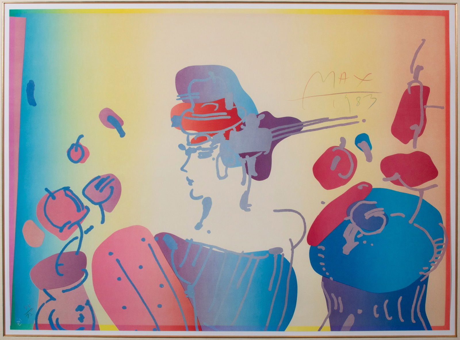 Peter Max (b. 1937) German American: PROFILE OF A WOMAN, 1983, color lithograph, signed and numbered 40/75 in color pencil, artist’s blind stamp lower left, sheet 30 x 41 ½”, frame 42 ½ x 53 ½” with ple