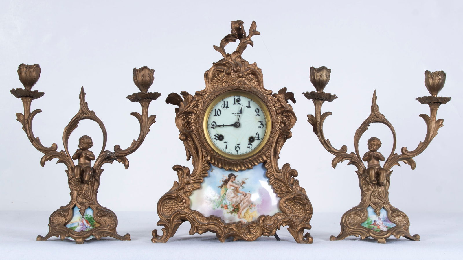 New Haven French Rococo Style Mantle Clock & Candlesticks  (three) (1 of 7)