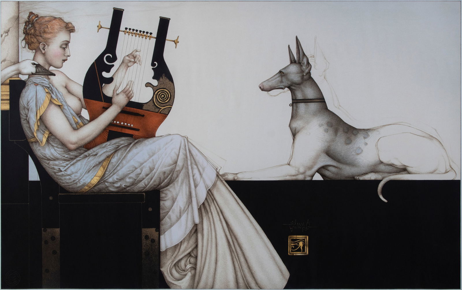 Michael Parkes (b. 1944) American: ANUBIS, 1999, color lithograph, signed and numbered 74/160 in pencil, published by Steltman Galleries Netherlands with certificate of authenticity, image 22 ½ x 35 ½”, with full ma