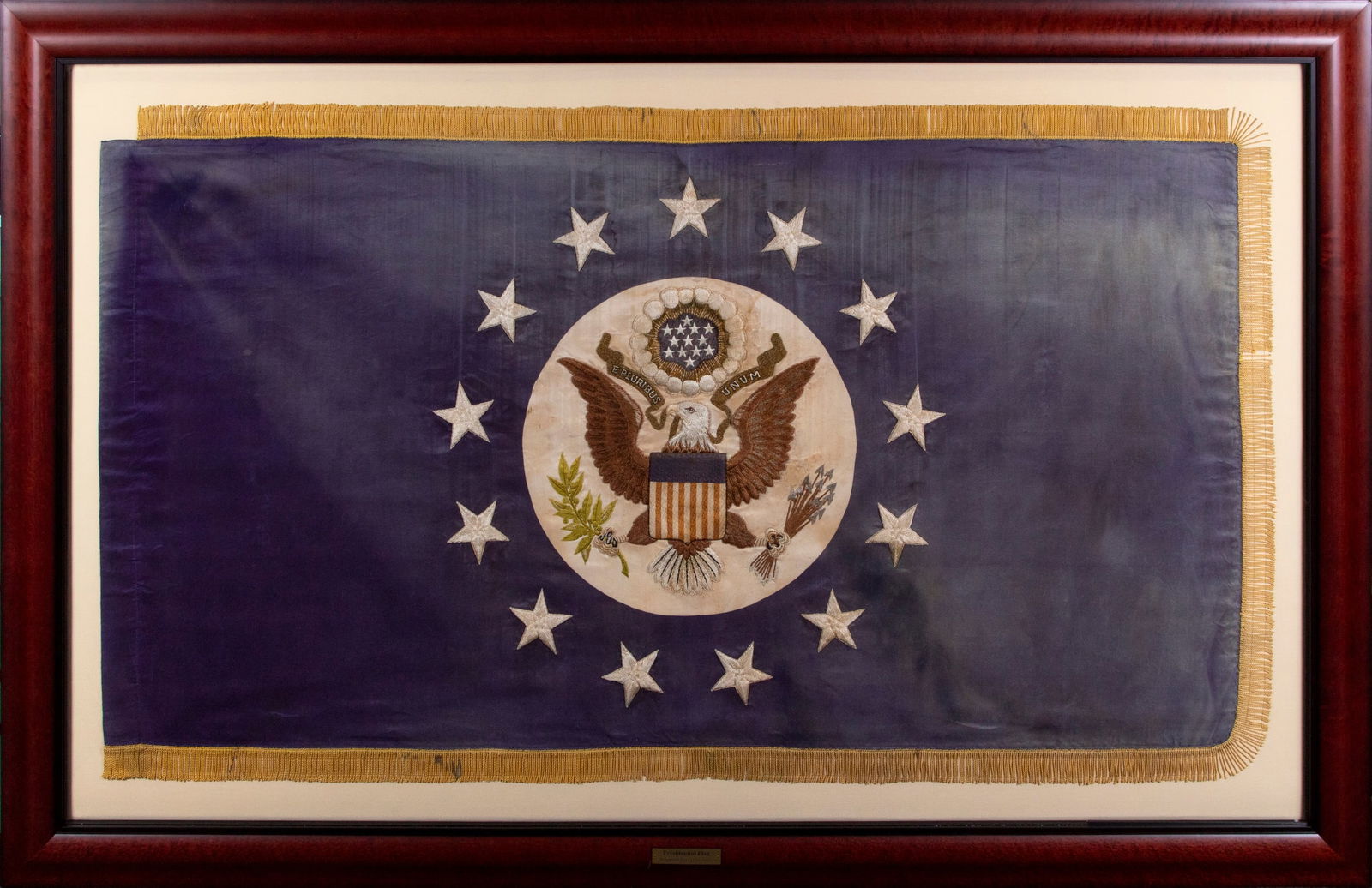 U.S. Embassy Flag: EMBASSY/ DIPLOMATIC/ AMBASSADOR FLAG, purportedly Roosevelt era 1933-1945, fabric flag with gold color Bullion fringe on three sides, 35 x 66” without fringe, 39 ½ x 68” with fringe