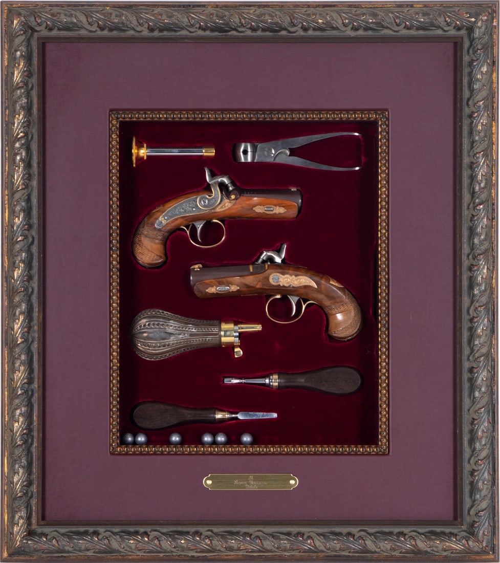 Henry Deringer pistols: Deringer pistol set of two matching .41 caliber percussion pistols with silver metal sprue cutting mold, loading tool, silvered metal mechanical flask, turnscrew and nipple wrench, produced for Histor