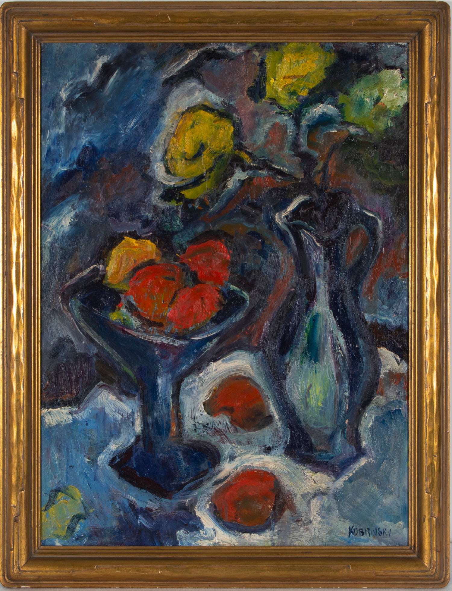 Wilma Kobrinsky (1916-2009) Santa Barbara: STILL LIFE WITH FLOWERS AND FRUIT, oil painting on Masonite, signed lower right, 24 x 18”, frame 27 ½ x 21 ½”.