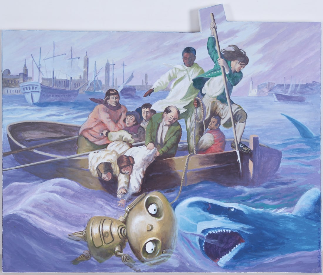 Ralph Massey (b. 1938) California: WATSON & THE SHARK, 2018, acrylic painting on artist shaped panel, signed and dated lower right, 16 ½ x 19 ½”.