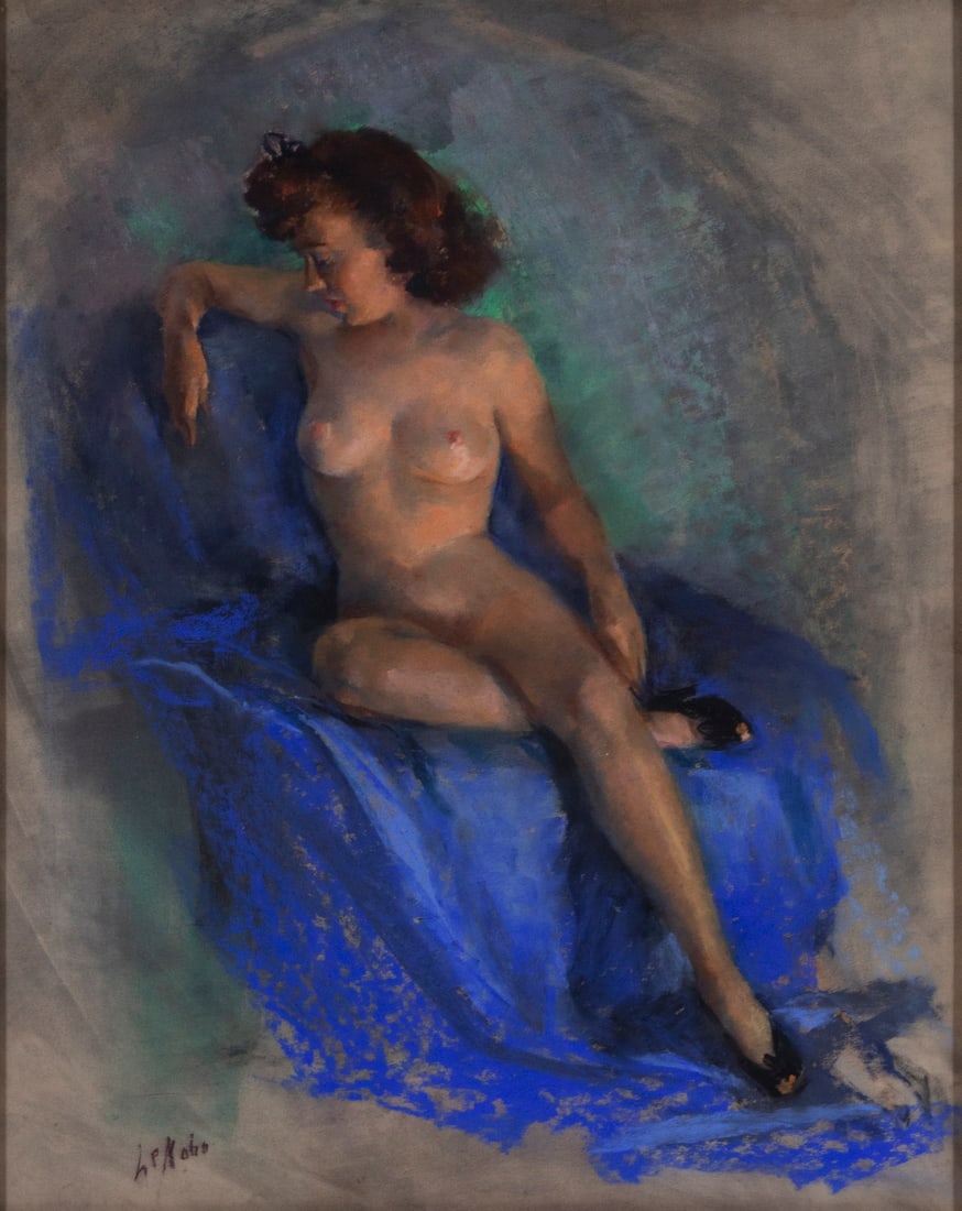 Artist Unidentified (Mid 20 th Century): NUDE WOMAN ON BLUE VELVET, color pastel, signed lower left, sight 19 x 15 ¼”, frame 23 ½ x 19 ½” with glass.