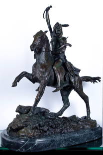 after Frederic Remington (1861-1909) American: THE SCALP, cast bronze sculpture with patinas, signed and copyrighted in design, with Roman Bronze Works NY foundry inscription in design, 26 x 21 x 12” including marble base, weight 91 lbs. Fro