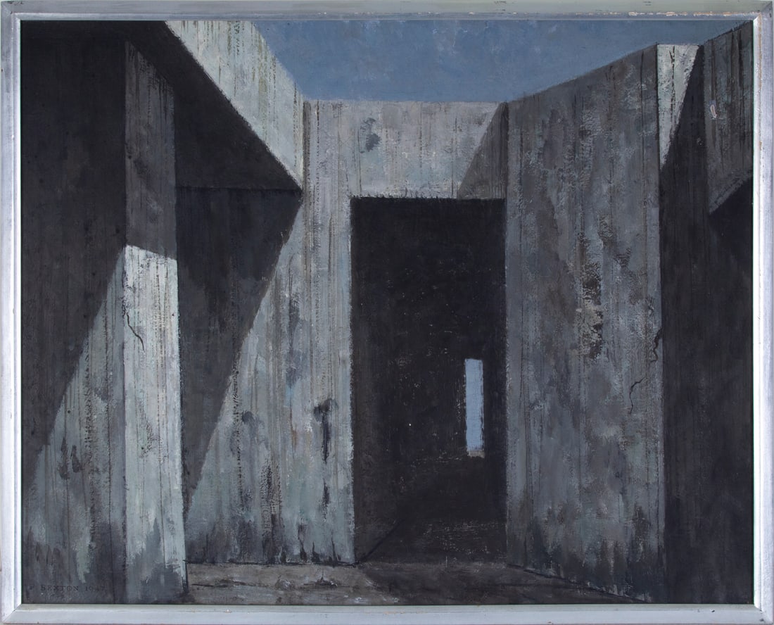 Fred Sexton (1889-1975) Connecticut: DOORWAY, 1947, oil painting on canvas, signed and dated lower right, 24 x 30”, frame 25 ¼ x 31 ¼”. Note: Known as a Plein Aire painter, a similar Brutalist composition “Sto