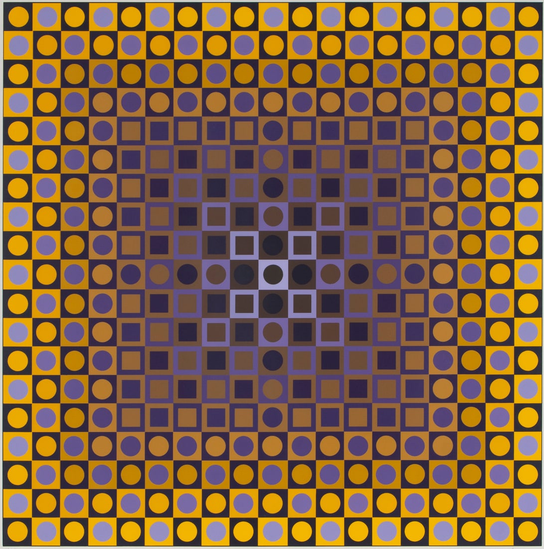 Victor Vasarely (1906-1997) Hungarian: PERMUTATION, color screenprint, signed and numbered 99/150 in pencil, published by Denise Rene with blind stamp lower left, image 23 ½ x 23 ½”, full margins, frame 27 ½ x 27