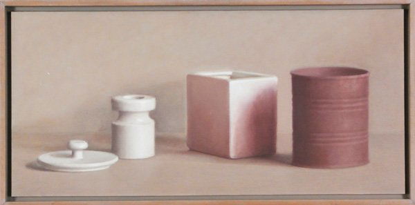 Martha Alf (b. 1930) Californian: STILL LIFE (FOUR OBJECTS), 1968, oil painting on canvas board, titled signed and dated on verso, 11 x 24”, framed, a few stray scratches, mainly in left background, otherwise in good studio conditio