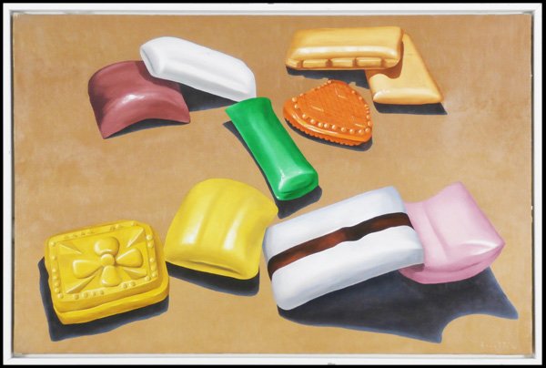 Franco Assetto (1911-1991) Italian: PERLESS CANDY, 1982, oil painting on canvas, signed and dated lower right, titled signed and dated on verso, 21 x 31”, framed, minor surface soiling, faint stretcher bar impressions, otherwise in ve