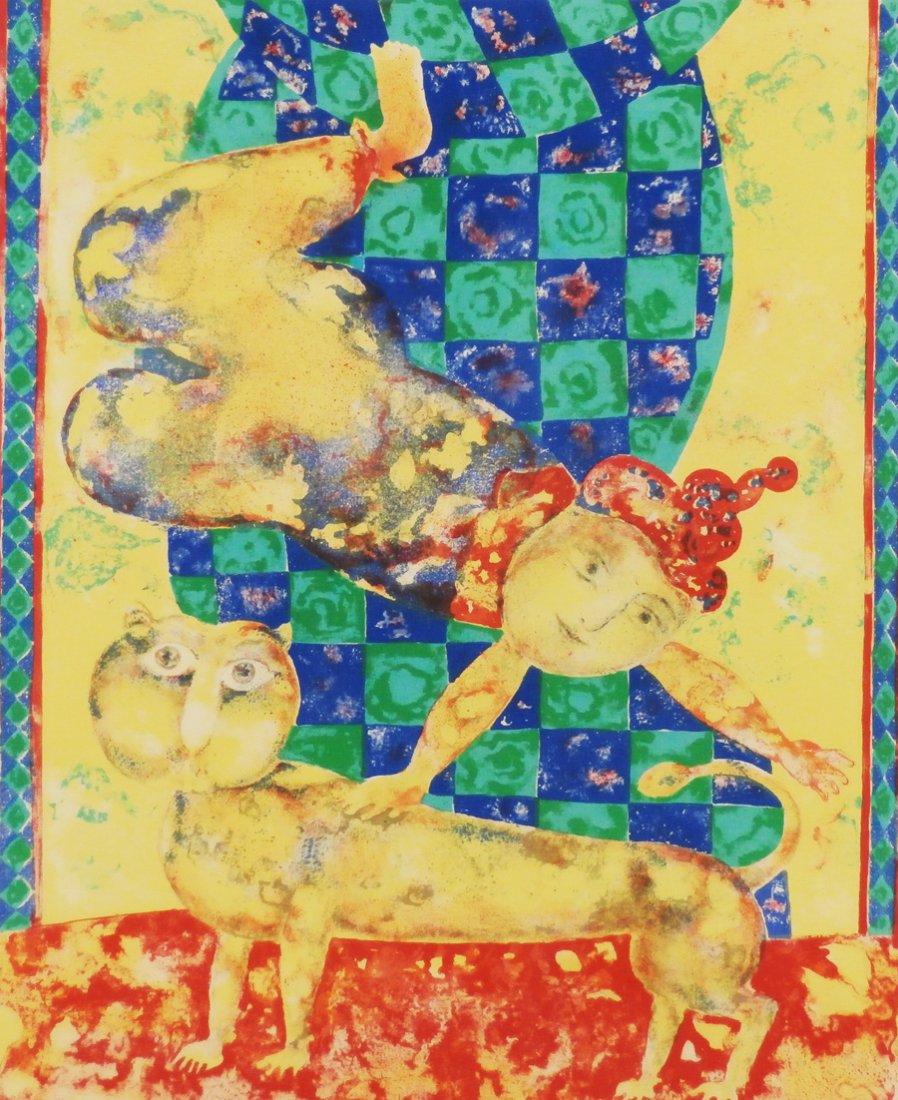 Sakti Burman (b. 1935) Indian/ French: L’ACROBATE, color lithograph, signed in pencil, from the numbered edition 140, image 24 x 19 ½”, full margins, some sun staining, toning, discoloration mainly in margins, old tape remnants on ver
