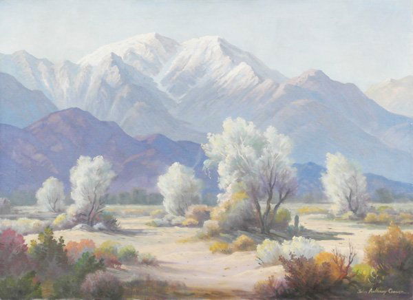 John Anthony Conner (1892-1971) Californian: DESERT LANDSCAPE, oil painting on canvas, signed lower right, 26 x 36”, framed, some surface soiling, faint stretcher bar impressions, a few dimples, otherwise in good condition.