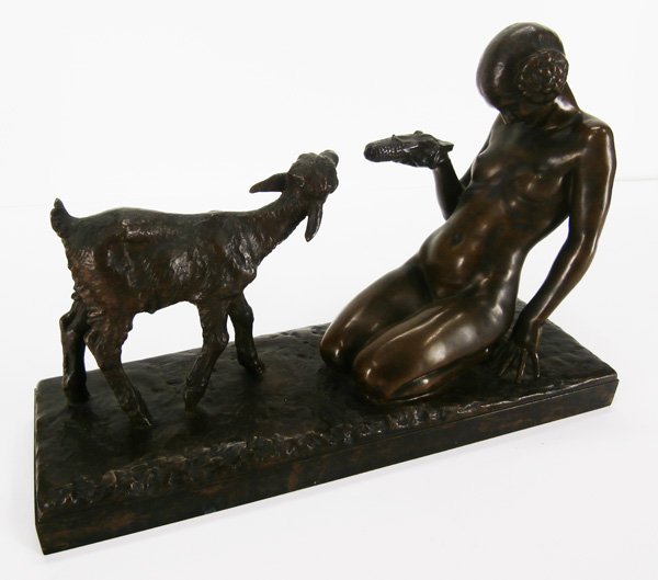 Marcel Courbier (1898-1976) French: FEMME AGENOUILLEE NOURRISSANT UNE CHEVRE, cast bronze sculpture with golden brown patina, signed and titled, 10 x 15 ½ x 5 ¼”, some minor wear, otherwise in good condition.