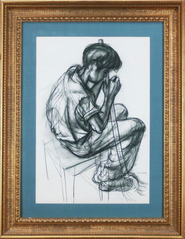 Francis De Erdely (1904-1959) Hungarian/ American: SEATED BOY, charcoal drawing on paper, signed lower right, 28 x 20”, framed with glass, in good condition.