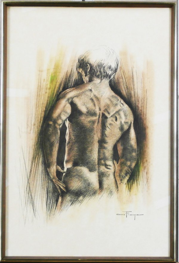 Oz Franca (1928-1991/ Brazilian/ American: BACKSIDE OF YOUNG MAN, color pastel and charcoal drawing on paper, signed lower right, 30 x 20”, framed with glass, some toning coming from verso to recto, otherwise in good condition.