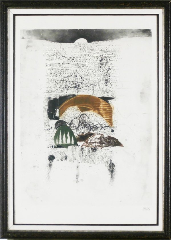 Johnny Friedlaender (1912-1992) German: UNTITLED, color etching, signed in pencil, a variant from the numbered edition 4, image 29 ½ x 22”, full margins, framed with glass, very pale toning, otherwise in apparently good condition.
