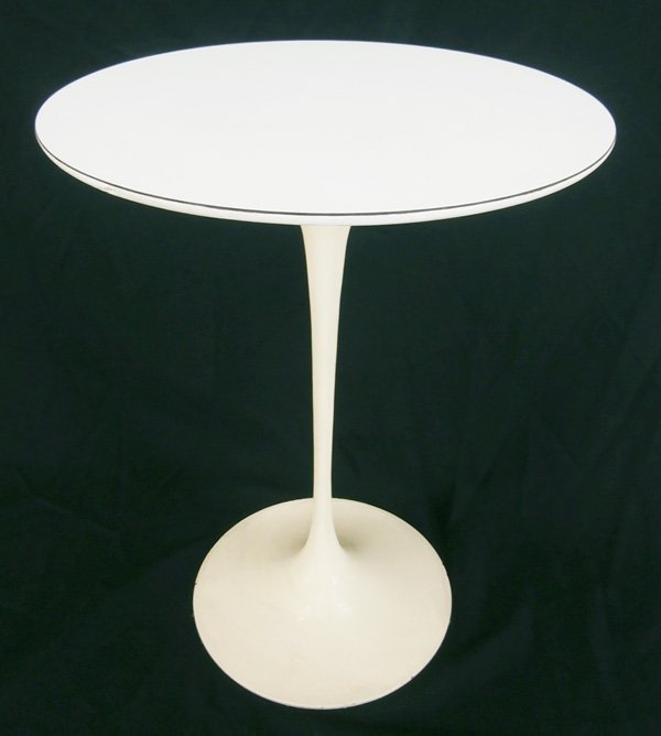 Knoll End Table: Tulip occasional table, 20” tall, 16” diameter, label underneath, some stray paint on base, several small chips at base, discoloration from age, otherwise in good condition.