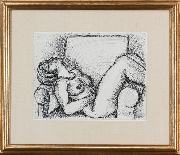 Marcel Gromaire (1892-1971) French: LYING WOMAN, ink drawing on paper, signed lower right, 9 ¾ x 12 ½”, framed, some perimeter toning, otherwise in good condition.
