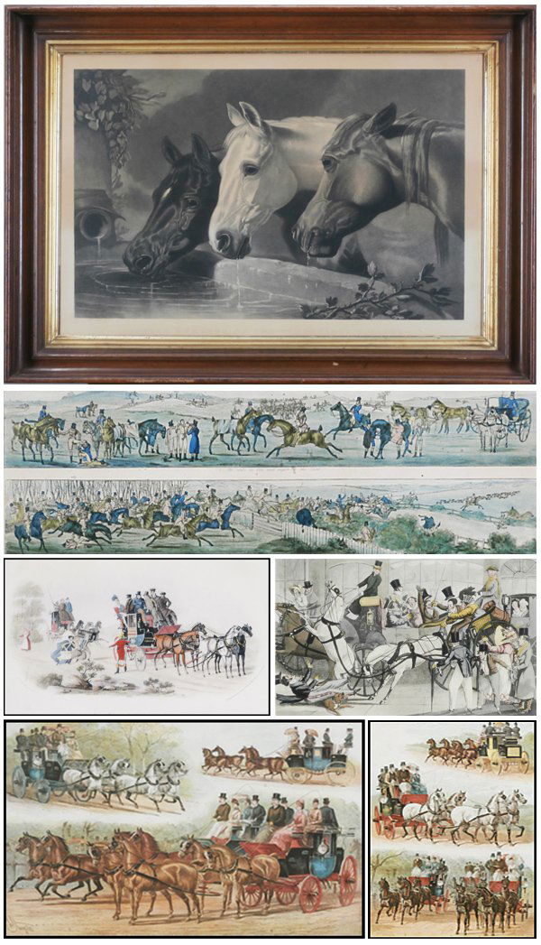 after J. F. Herring & English Coaching Prints by a: after J. F. Herring, THREE MEMBERS OF THE TEMPERANCE SOCIETY, engraving, image 17 ½ x 25 ½”, toned and discolored; Together with after Charles B. Newhouse, NO TIME TO LOSE MAAM! HERE’S THE OTHER