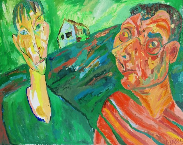 Maxim Kantor (b. 1957) Russian: ULI UND BERND, 1992, oil painting on canvas, signed lower right, 40 x 68”, framed, reported provenance Marina Sandmann Gallery, Berlin, two tiny canvas imperfections visible on verso, otherwise in v