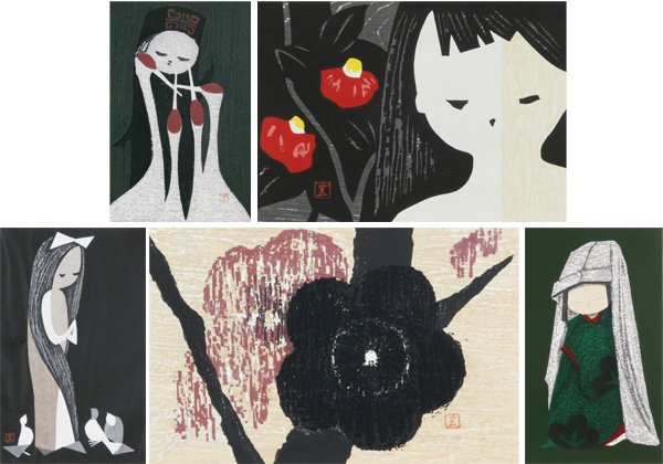 Kaoru Kawano (1916-1965) Japanese (six): YOUNG GIRLS (4); FLOWERS (2), six color woodblock prints, three signed in pencil, the others with character stamps, images range from 14 ¾ x 9 ¾” to 4 ½ x 6”, all with full margins, creases and