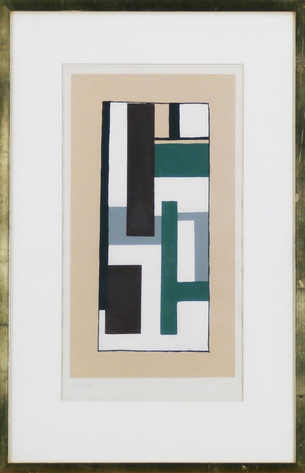 Fernand Leger (1881-1955) French: UNTITLED GEOMETRIC, c.1924, color pochoir print, signed in ink lower right (faded), image 16 ½ x 9”, blindstamp lower left in image, framed with glass, mild toning, soft handling creases, otherwise