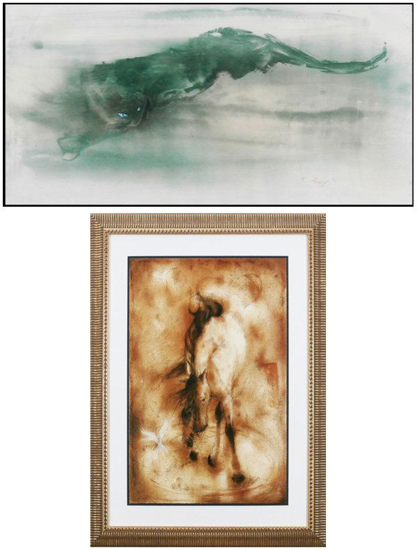 Kaiko Moti (1921-1989) Indian & artists unidentifi: Kaiko Moti, PRANCING CAT, color aquatint etching, signed in pencil, from the numbered edition 120, plate 16 ½ x 25 ¼”, full margins, possibly faded, mild sun toning, skinning on verso from previou