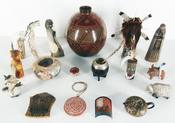 Pottery & other Southwestern objects (nineteen): Six hand-crafted ceramic figurines with traditional motifs, including signed works by South Dakota artist Robert Stroup & T. Willy & J. C. W & an unidentified artist & two anonymous, sizes from 3 ½��