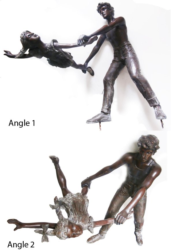 Victor Salmones (b. 1937) Mexican: MAN SWINGING GIRL, cast bronze sculpture with brown and green patina, signed, numbered 2/10, measures 56 x 56 x 40”, in good condition aside from outdoor exposure. In-house shipping may not be avail