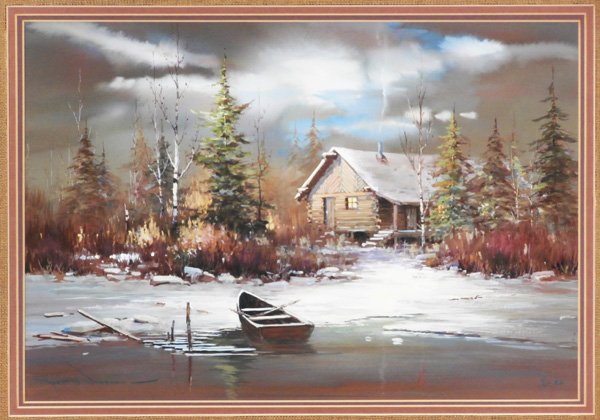 Robert B. Wagoner (b. 1928) Californian: LOG CABIN BY LAKE, 1980, gouache on paper, signed lower left, dated lower right, sight 10 ½ x 15 ½”, framed with glass, in apparently good condition.
