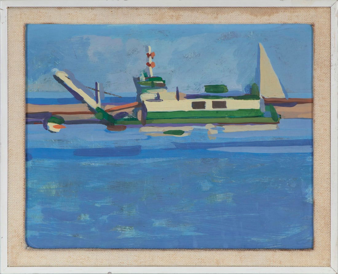 Artist Unidentified: BOAT, gouache painting on wood, a signature not found, 9 ¼ x 11 ¼” including frame. From the collection of Faith Flam, lifelong friend of Betye Saar.