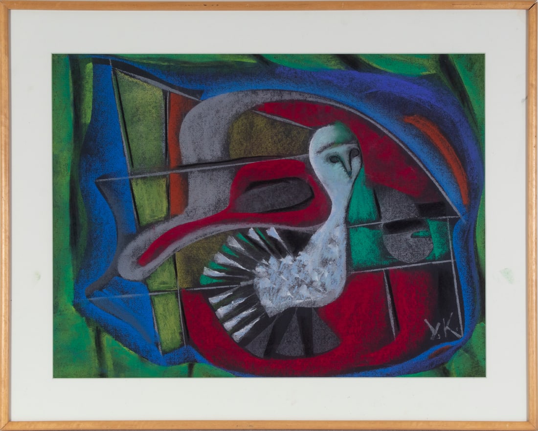 Artist Unidentified (possibly Yuri Krasny (1925-2005) Ukraine New York: BIRD, color pastel on paper, initialed YK lower right, sight 17 ½ x 23 ½”, frame 23 ½ x 29 ½” with glass.