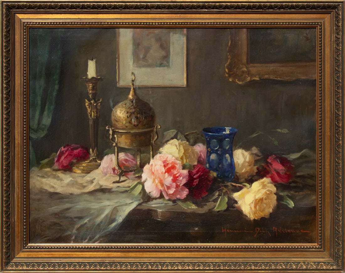Adrienne Henczne Deak (1890-1956) Hungarian: STILL LIFE WITH FLOWERS, CANDLE VASE & CENSOR, oil painting on canvas, signed lower right, stamped on verso, 23 ¾ x 31 ¼”, frame 28 ¾ x 36 ½”.