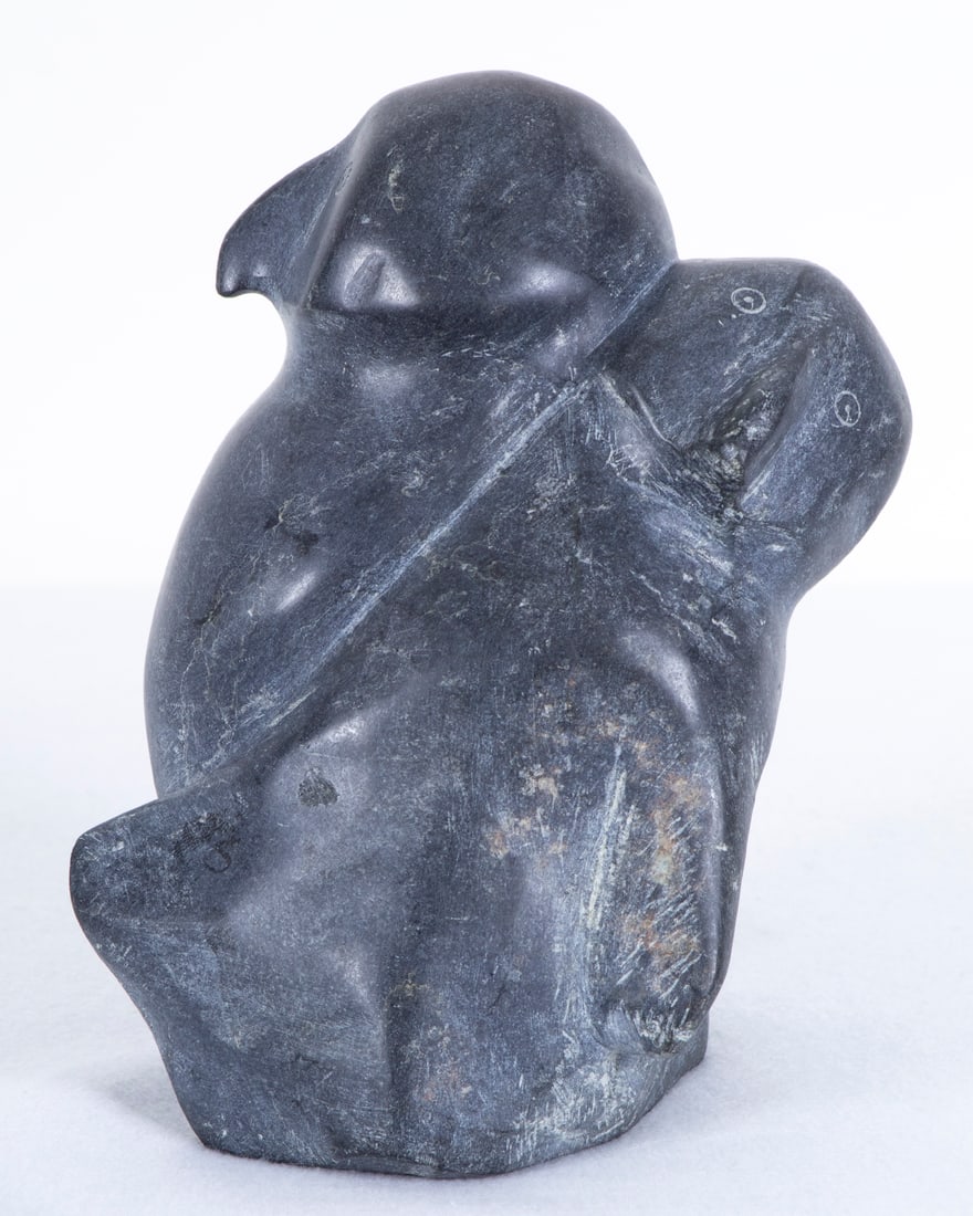 Inuit Art: Okangut: BIRDS, 1970’s, carved steatite figurine, signed and inscribed underneath, 9 ¾ x 7 ½ x 6 ¾”. Provenance: From the collection of Museum of Riverside, California.