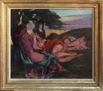 Stanton MacDonald Wright (1890-1973) California: SUMMER (Nudes in a Landscape), 1943, oil painting on canvas, signed and dated lower right, signed, dated and titled on verso, 25 ¼ x 30”, frame 32 x 37”.