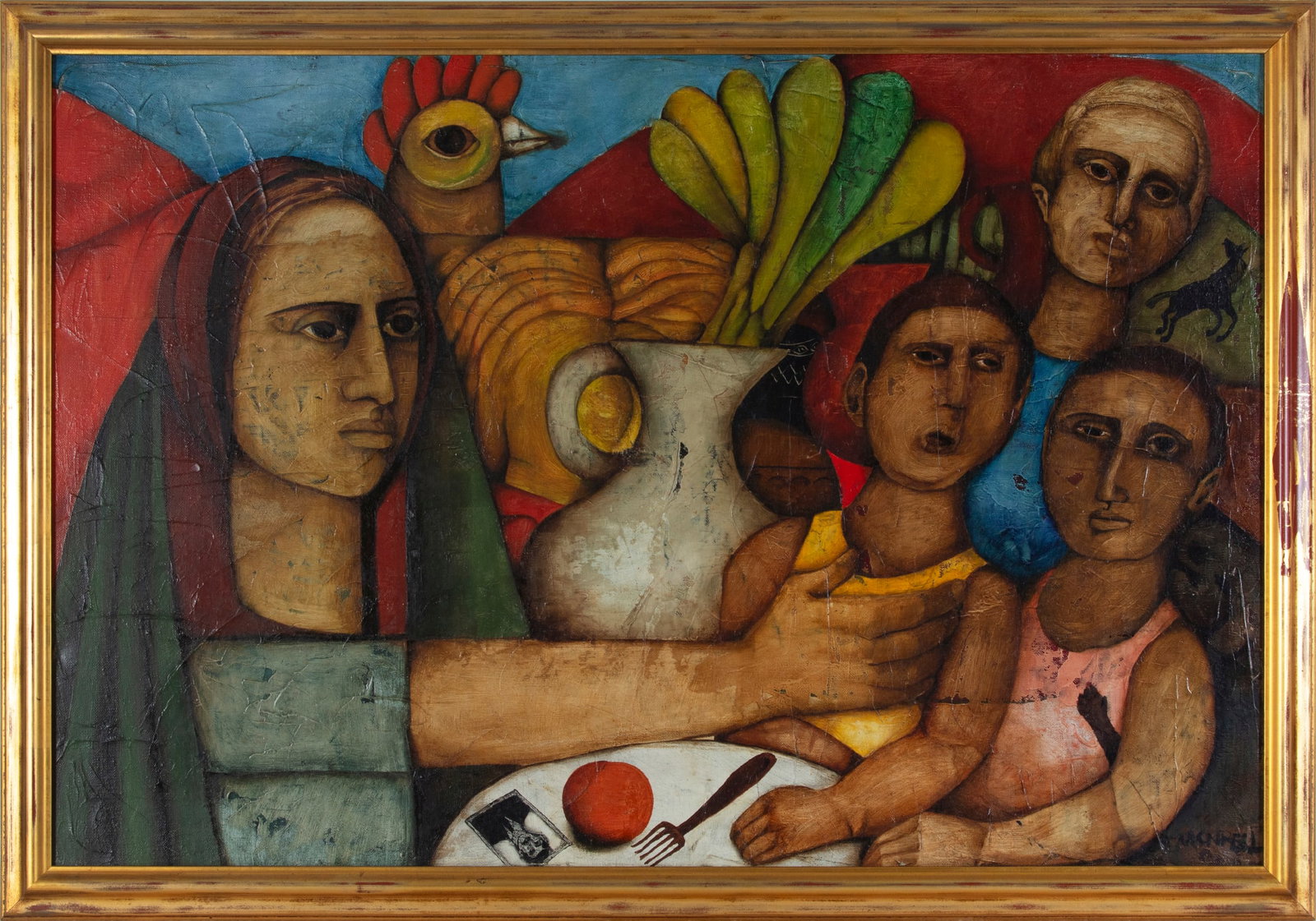 Andres Monrea (1937-2012) Chilean: FIGURES AT TABLE, oil painting on canvas, signed lower right, 24 x 36”, frame 27 x 39”.