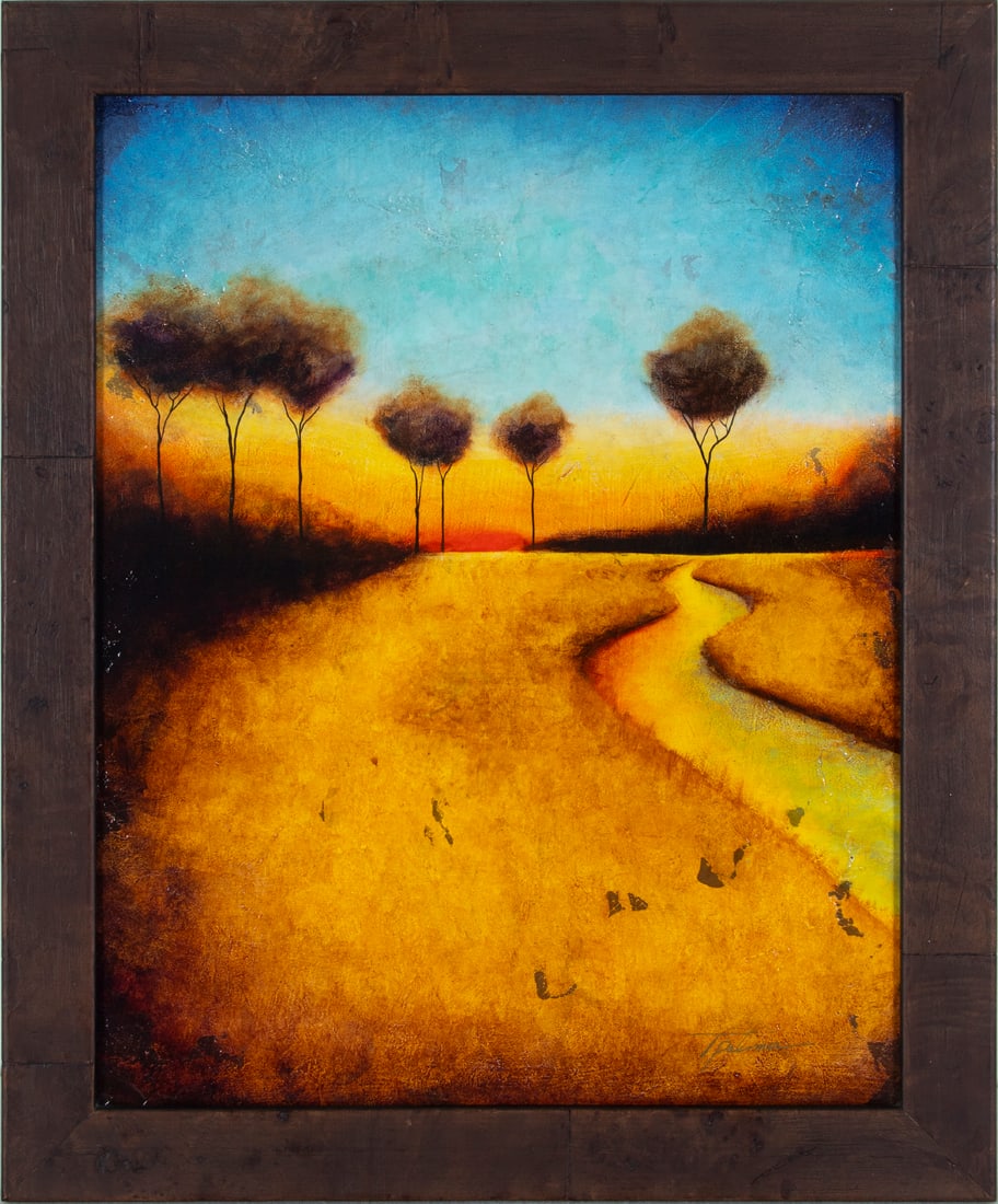 Tina Palmer (b. 1964) West Virgina Washington DC: YELLOW MEADOW, oil painting on canvas, signed lower right in gold ink, 20 x 16”, frame 23 x 19”.
