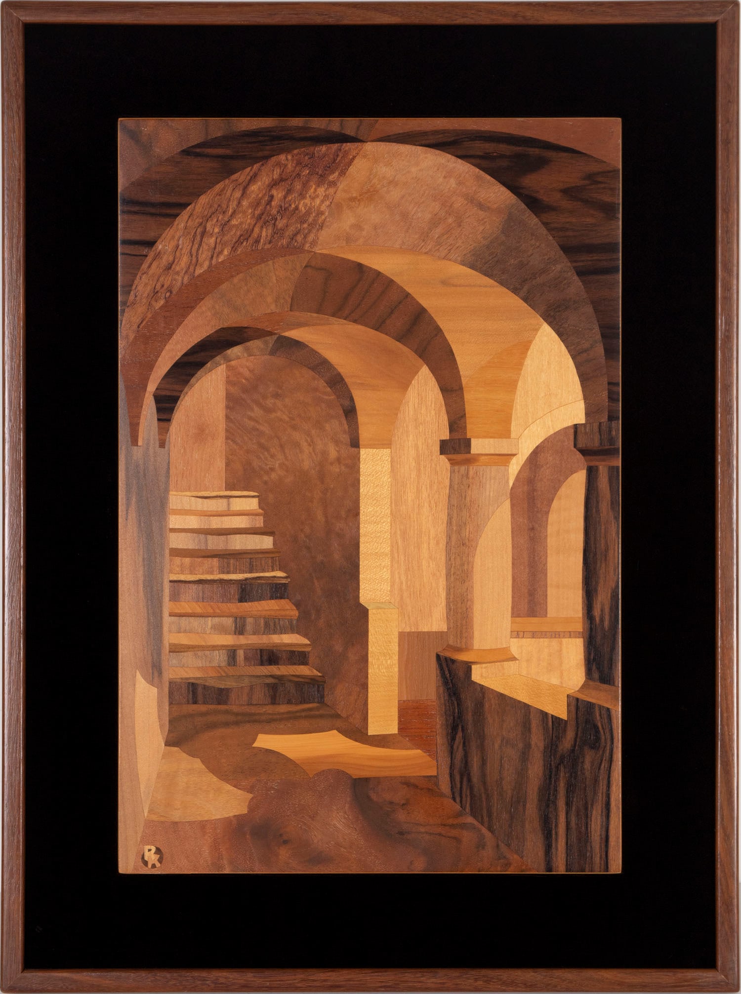 Kalman Radvanyi (b. 1976) Hungary: SOPRON, original wood marquetry, initialed lower left, signed on verso, 16 x 10 ¾”, frame 21 x 15 ½”.